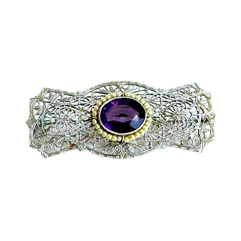 10K White Gold Filigree Brooch Amethyst Pearl Antique Ornate Pin Estate‎ Piece